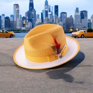 MONTIQUE MENS GOLD&WHITE 2 1/2" WIDE BRIM TWO-TONE FEDORA HAT. H94